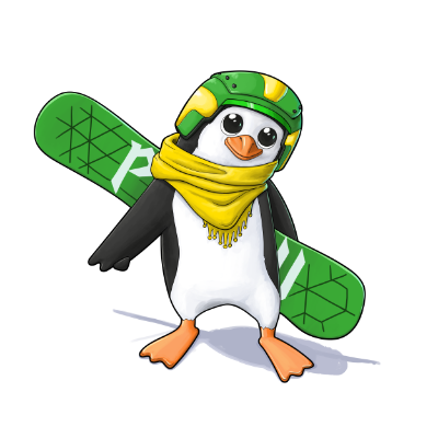 A cartoonish penguin on a snowboard maneuvering a parachute