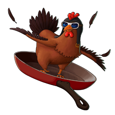 A chicken on a pink snowboard with a determined look on its face