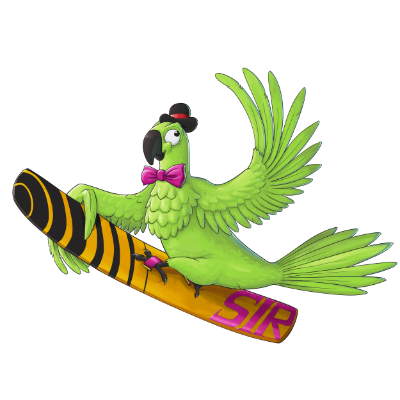 A cartoonish parrot on a snowboard