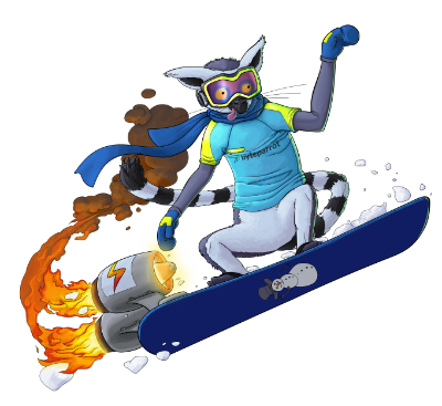 A lemur doing a stunt on a darkblue snowboard with a smile on its face