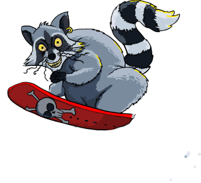 A raccoon on a red snowboard seemingly plotting something