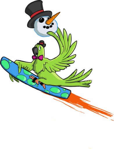 A cartoonish penguin on a snowboard wearing a fedora and a bowtie