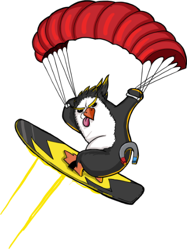 A cartoonish penguin on a snowboard maneuvering a parachute