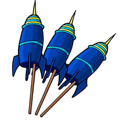 A cartoonishly drawn blue firework rocket