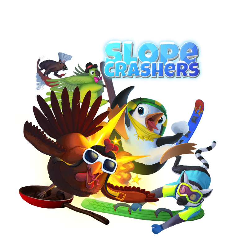 A part of the Slopecrashers logo that depicts different animals on snowboards that appear in the game. From left to right: a lemur looking wild, a parrot with a bowtie and a fedora, a chicken riding on a frying pan with sunglasses on, a penguin with a parachute, a surprised looking bee and a capybara with a bomb in hand